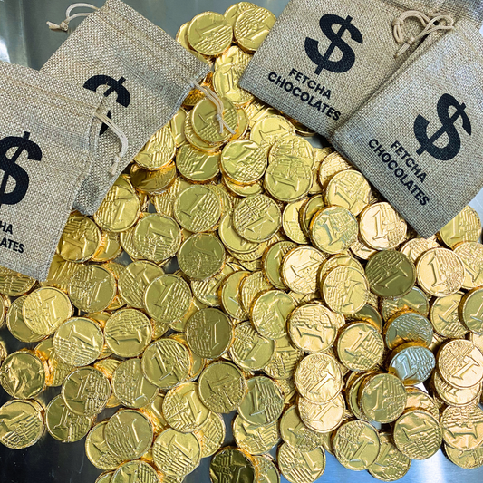 Image shows fetcha chocolates foil wrapped dairy-free and gluten-free chocolate coins