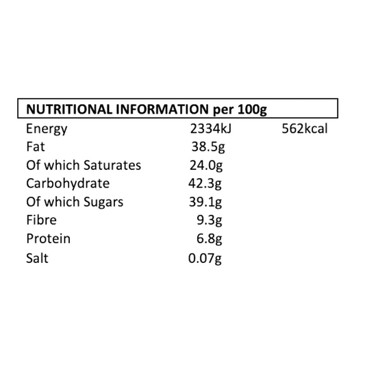Image shows nutritional information for Fetcha Chocolates handmade solid dark chocolate bar which is vegan, dairy free, gluten free and soy free and come in plastic-free packaging.