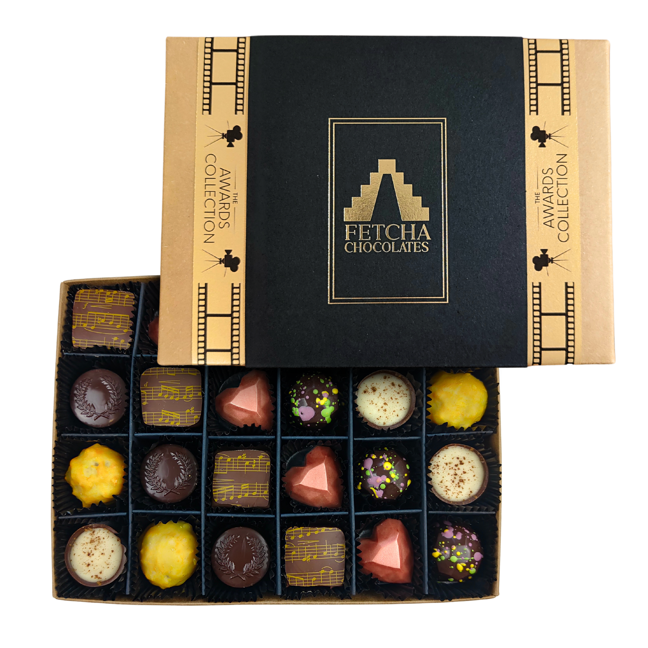 Large box of 24 vegan chocolates in different colours and designs. Box says "Awards Collection" and is kraft brown with a black and gold Fetcha Chocolates branded sleeve