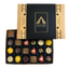 Large box of 24 vegan chocolates in different colours and designs. Box says "Awards Collection" and is kraft brown with a black and gold Fetcha Chocolates branded sleeve