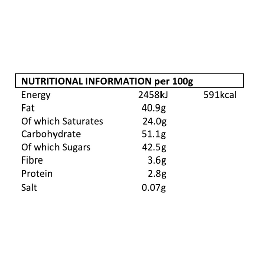 Image shows the nutritional information for Fetcha Chocolates handmade solid milk chocolate bar which is vegan, dairy free, gluten free and soy free and come in plastic-free packaging.
