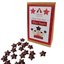 Image shows Fetcha Chocolates handmade dark chocolate mini stars, which are vegan, dairy free, gluten free and soy free and come in plastic-free packaging. The packaging is kraft card with a red label.