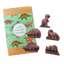 Image shows Fetcha Chocolates handmade solid milk chocoloate 3D dinosaurs in a pack of five with box. They are vegan, dairy free, gluten free and soy free and come in plastic-free packaging.