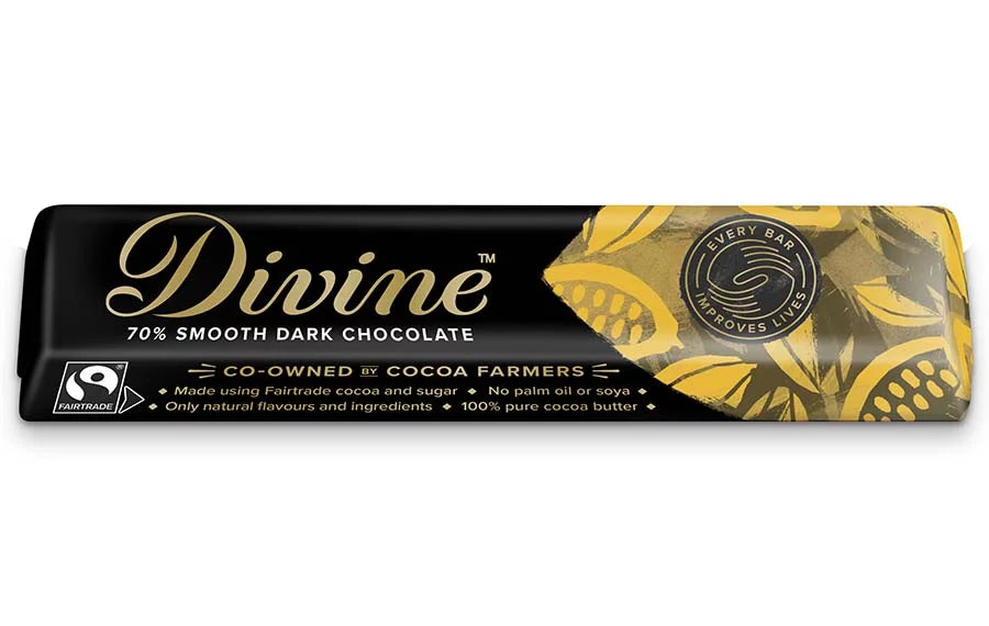 Image shows a bar of Divine 70% smooth dark chocolate in black and gold packaging, being sold by Fetcha Chocolates