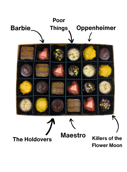 2024 oscars themed chocolates as featured in the nominee gift bag. arrows point to the different chocolates stating which flavour they are