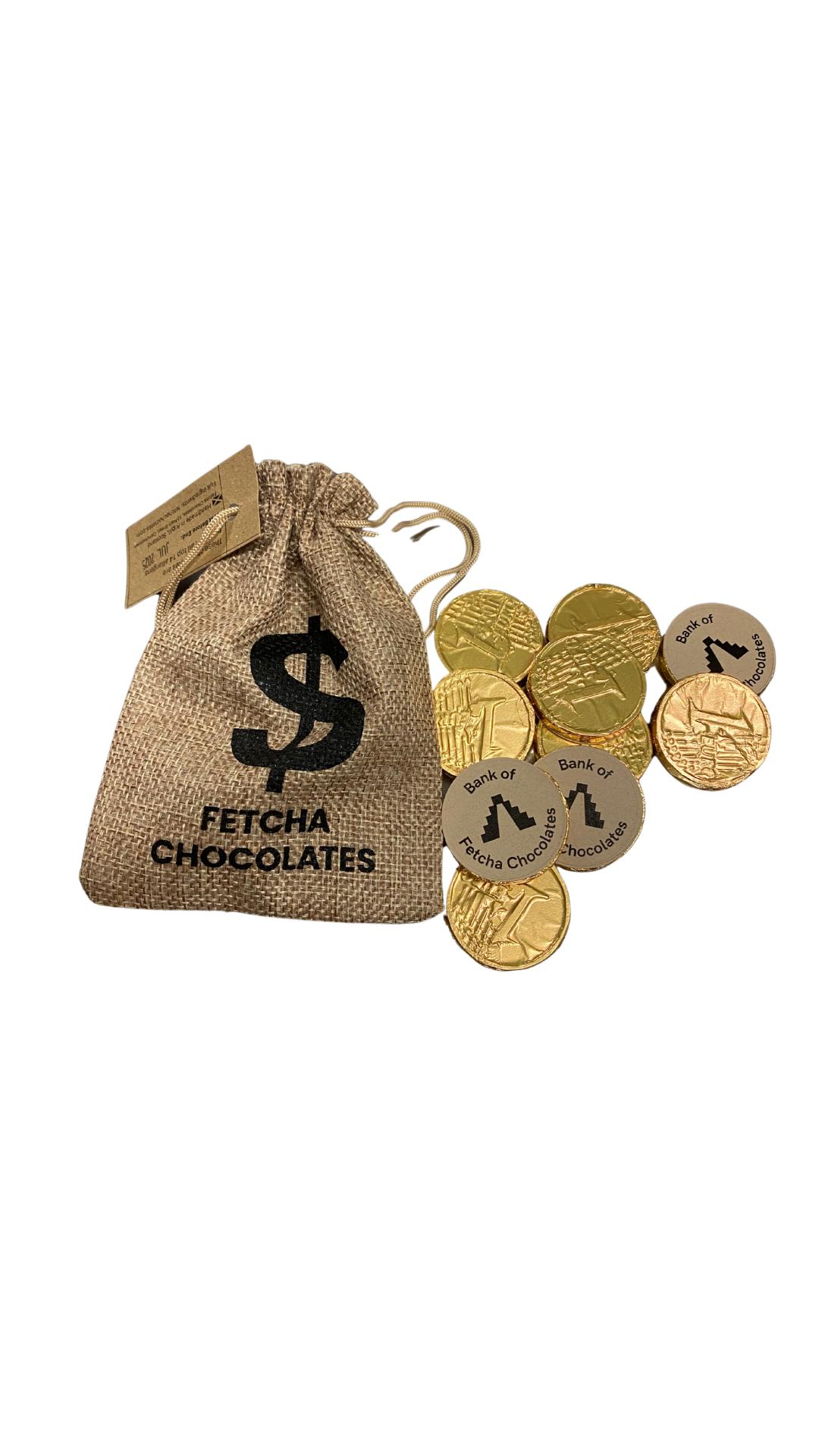 Image shows fetcha chocolates foil wrapped dairy-free and gluten-free chocolate coins