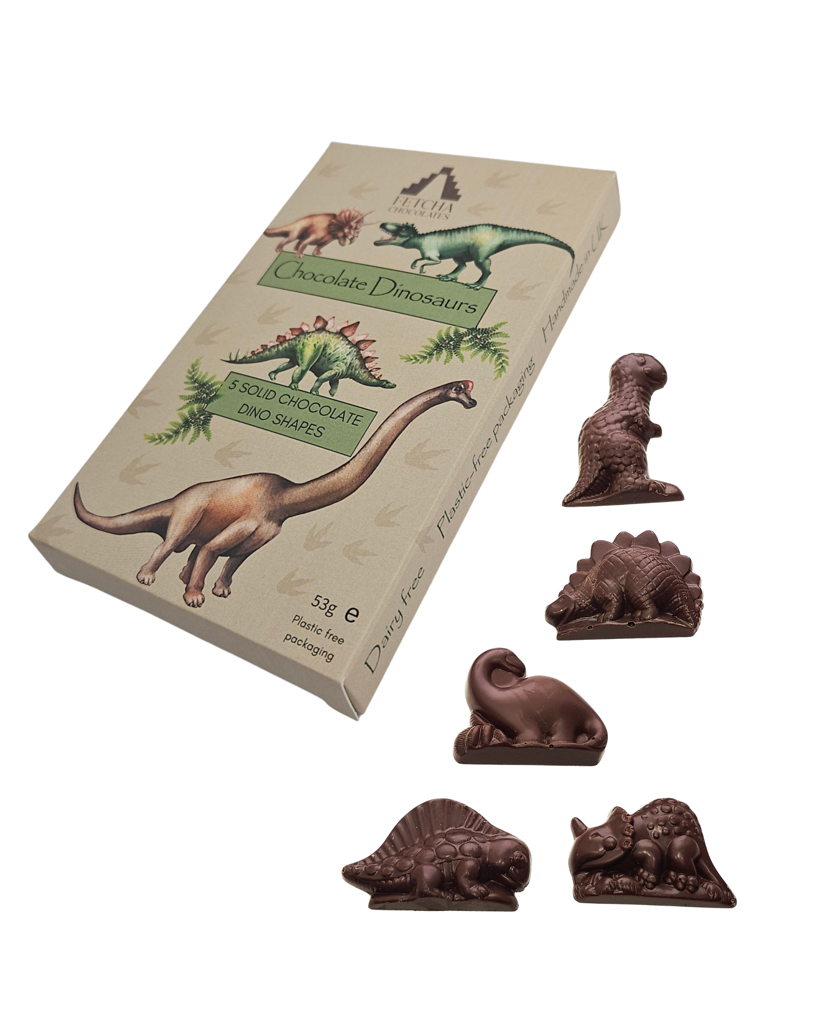 Box of vegan chocolate dinosaur shapes with illustrations on a white background