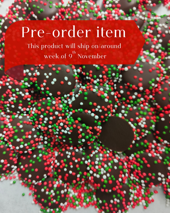 Chocolate drops with colourful sprinkles and pre-order text overlay