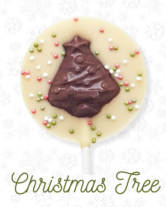Vegan chocolate Christmas tree lollipop with sprinkles on a white background.