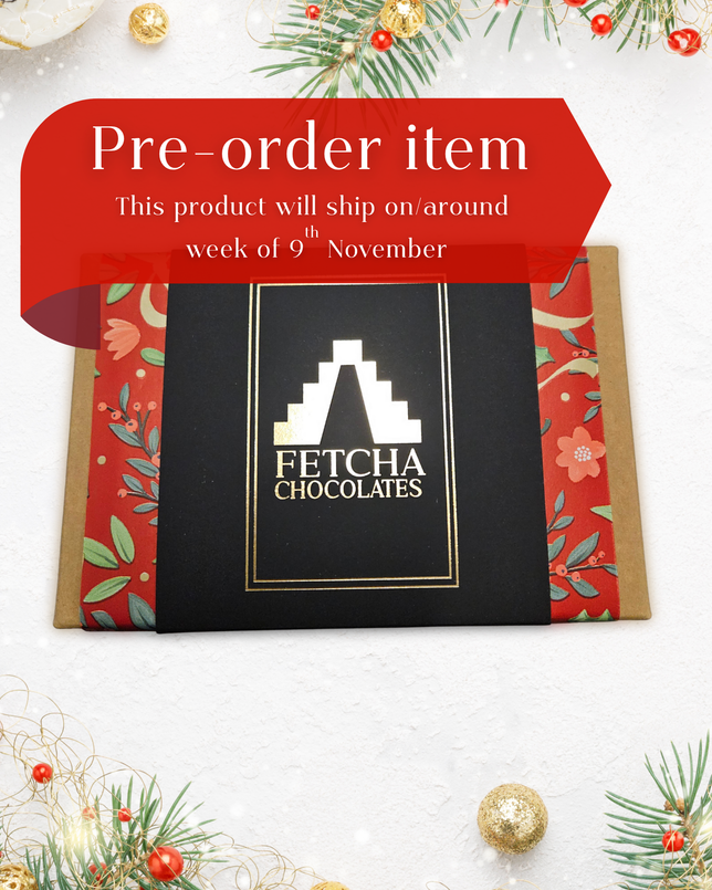 Fetcha Chocolates packaging with festive decorations and pre-order information.