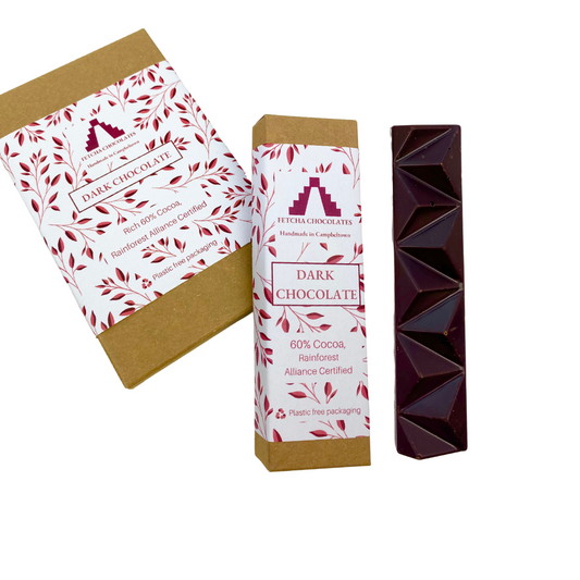 Image shows fetcha chocolates dairy-free and gluten-free dark chocolate bars