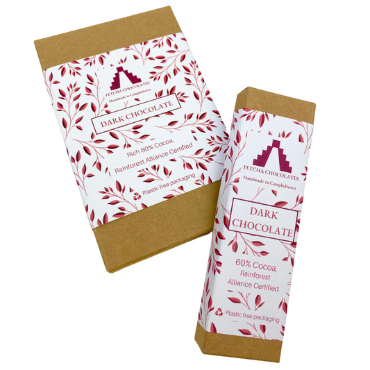 Image shows fetcha chocolates dairy-free and gluten-free dark chocolate bars plastic free packaging