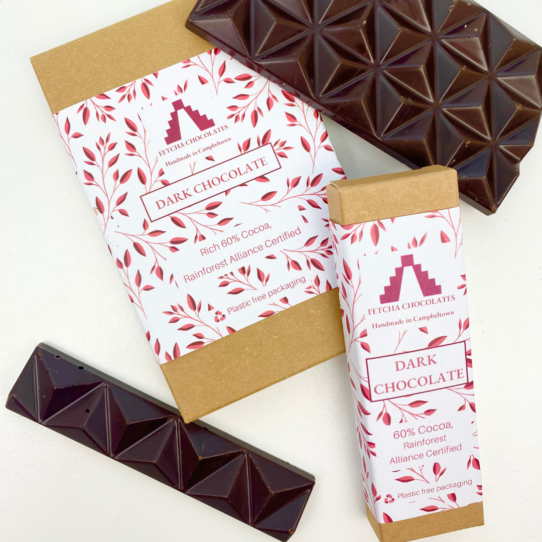 Image shows fetcha chocolates dairy-free and gluten-free dark chocolate bars