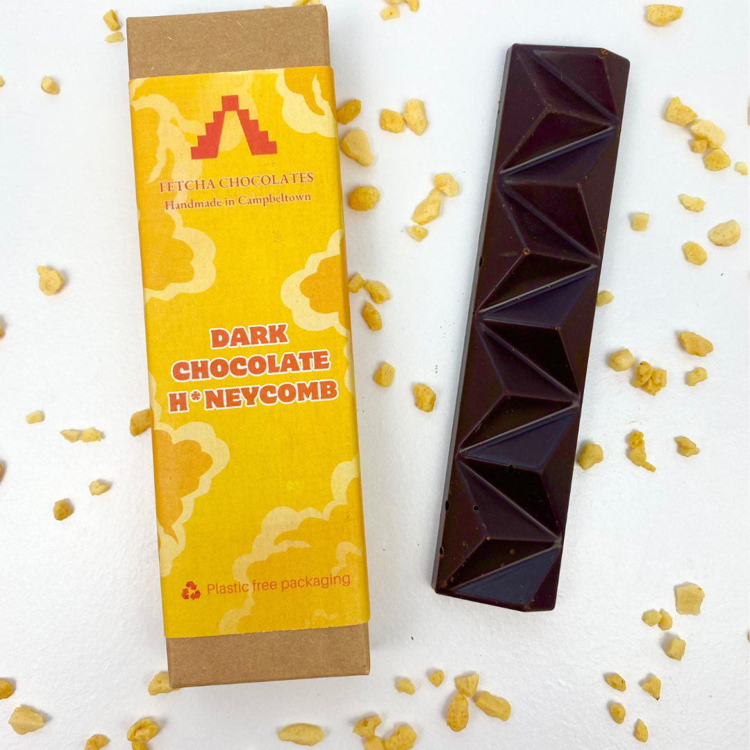 Image shows Fetcha Chocolates dark chocolate honeycomb bar