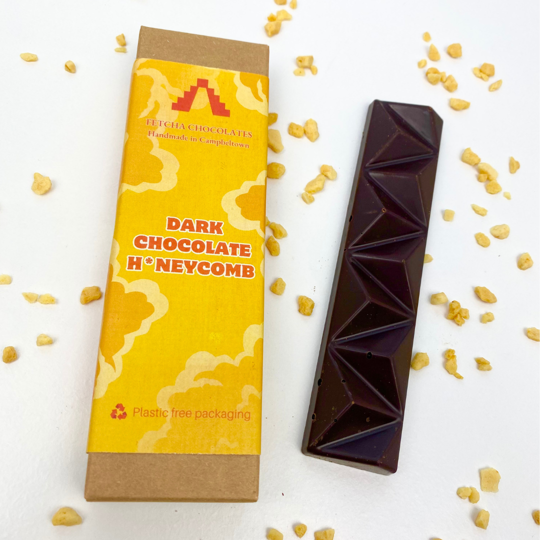 Image shows Fetcha Chocolates dark chocolate honeycomb bar