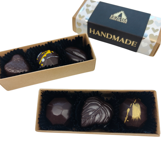 Image shows Fetcha Chocolates deliciously dark valentines filled chocolate collection box of 3