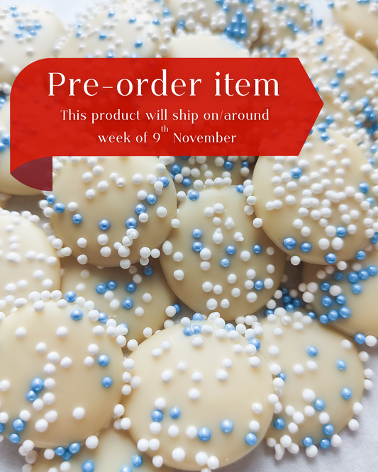 White chocolate drops with colourful sprinkles. Vegan, gluten-free, dairy-free