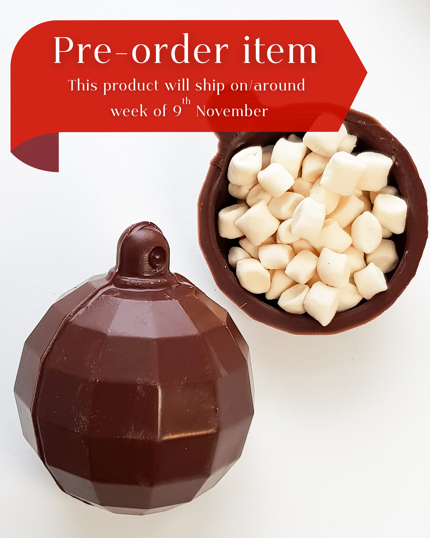 Vegan chocolate hollow bauble with marshmallows and pre-order text on a white background