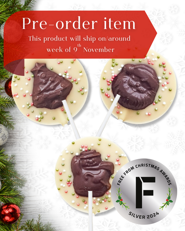 Three vegan chocolate lollipops with pre-order information