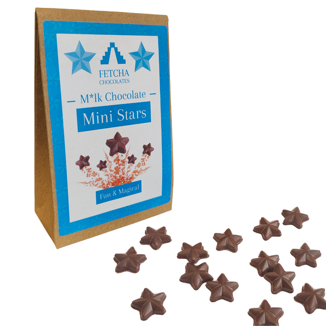 Image shows Fetcha Chocolates handmade milk chocolate mini stars,  which are vegan, dairy free, gluten free and soy free and come in plastic-free packaging. 