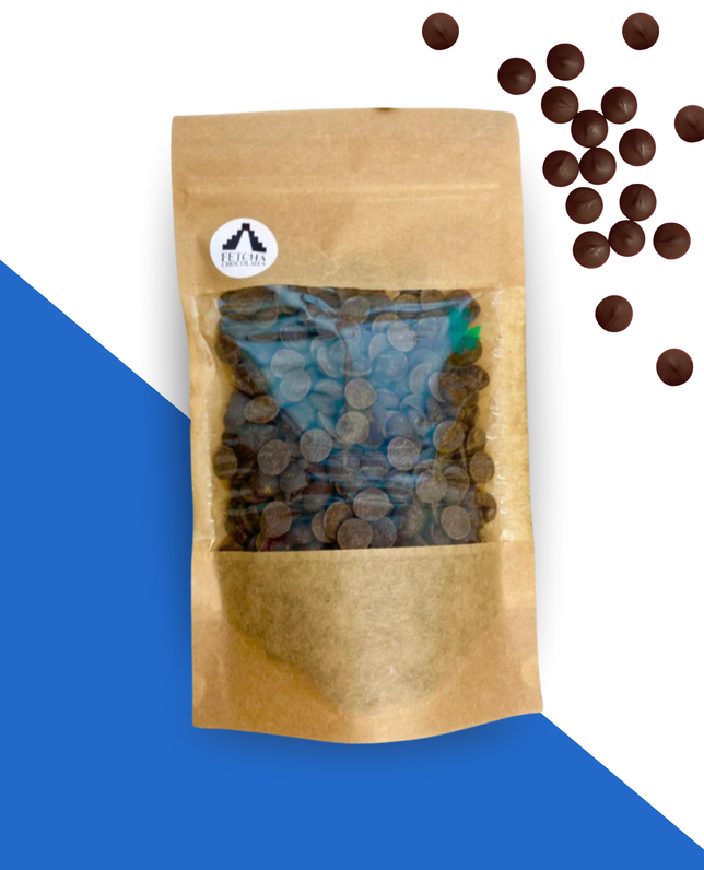Kraft paper packaging with dairy free milk chocolate chips on a blue and white background.