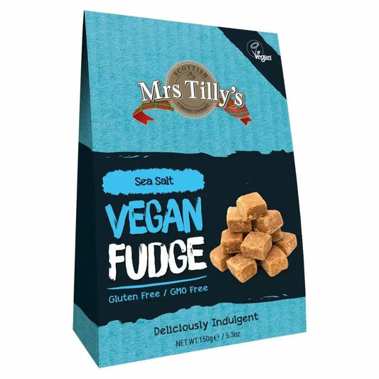 Image shows a green box of Mrs Tilly's Sea Salt Vegan and gluten free Fudge, being sold by Fetcha Chocolates