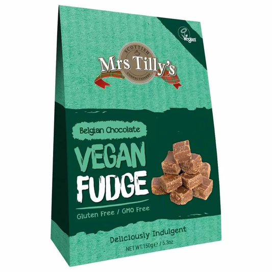 Image shows a green box of Mrs Tilly's Belgian Chocolate Vegan and gluten free Fudge, being sold by Fetcha Chocolates