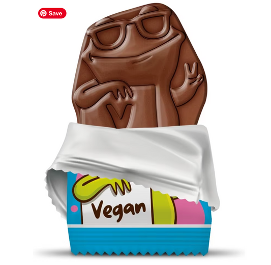 Partially unwrapped vegan chocolate Billie Frog, the size of a Freddo, made by Mummy Meegz and being sold on Fetcha Chocolates website. 