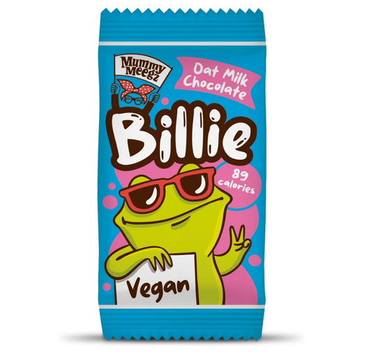 Outer packaging of oat milk vegan chocolate Billie frog from Mummy Meegz. States 89 calories. 