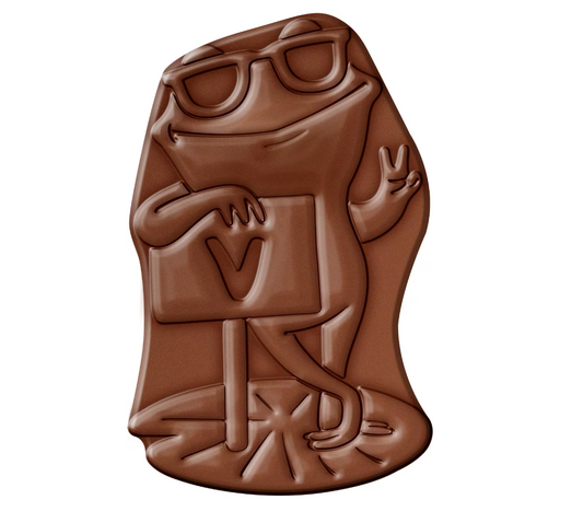 Image shows and unwrapped vegan oat milk chocolate billie bar from Mummy Meegz showing frog standing on a lilly pad. Being sold on Fetcha Chocolates website. 