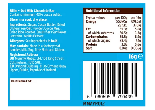 Image shows the nutritional information for the Billie oat milk chocolate bar from mummy meegz, being sold by Fetcha Chocolates. 