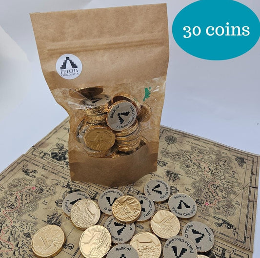 Bag of gold foil wrapped chocolate coins with Fetcha Chocolates branding on a pirate themed map background
