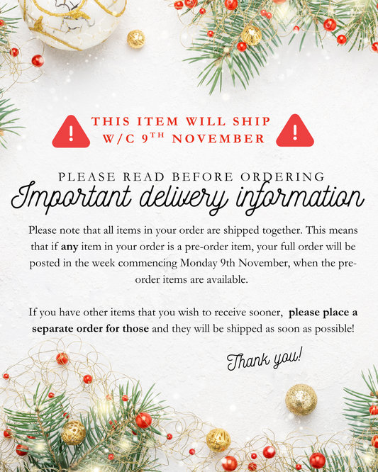 Christmas-themed delivery information card with festive decorations and text. Fetcha Chocolates