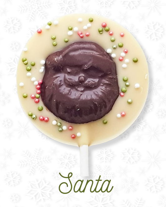 Vegan chocolate Santa lollipop with sprinkles on a white background.