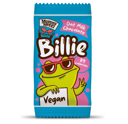 Outer packaging of oat milk vegan chocolate Billie frog from Mummy Meegz. States 89 calories