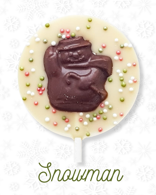 Vegan chocolate snowman lollipop with sprinkles on a white background.