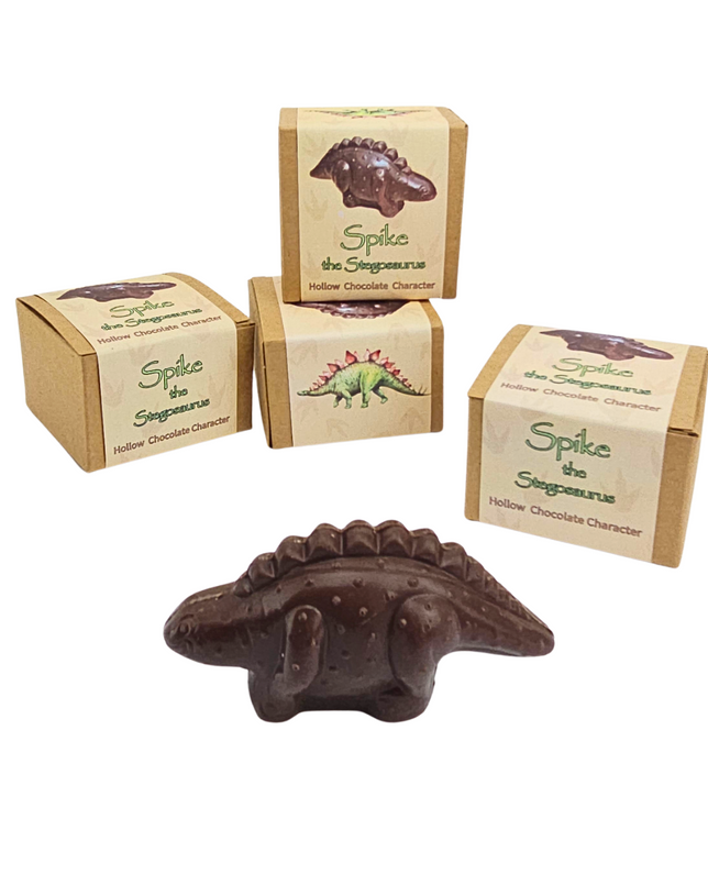 Vegan Chocolate dinosaur and boxes labelled 'Spike the stegosaurus'.