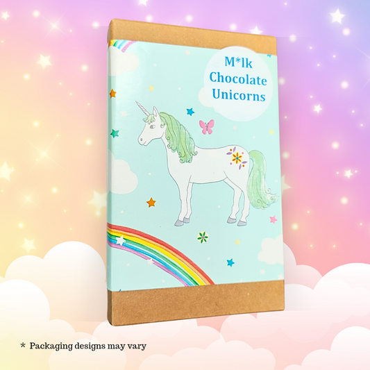 Image shows the packaging for Fetcha Chocolates handmade milk chocolate magical unicorns,  which are vegan, dairy free, gluten free and soy free and come in plastic-free packaging. 