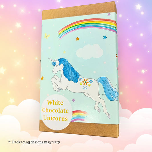 mage shows the packaging for Fetcha Chocolates handmade milk chocolate magical unicorns,  which are vegan, dairy free, gluten free and soy free and come in plastic-free packaging. 