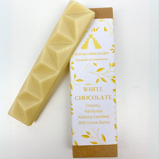 Image shows fetcha chocolates white bar - dairy free, gluten free and vegan