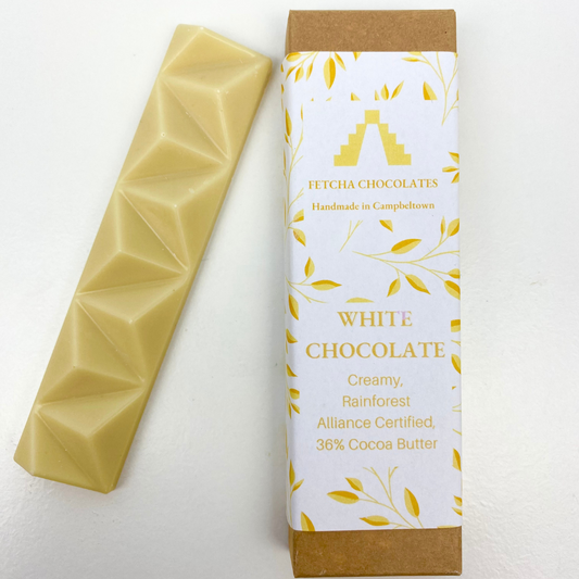 Image shows fetcha chocolates white bar - dairy free, gluten free and vegan