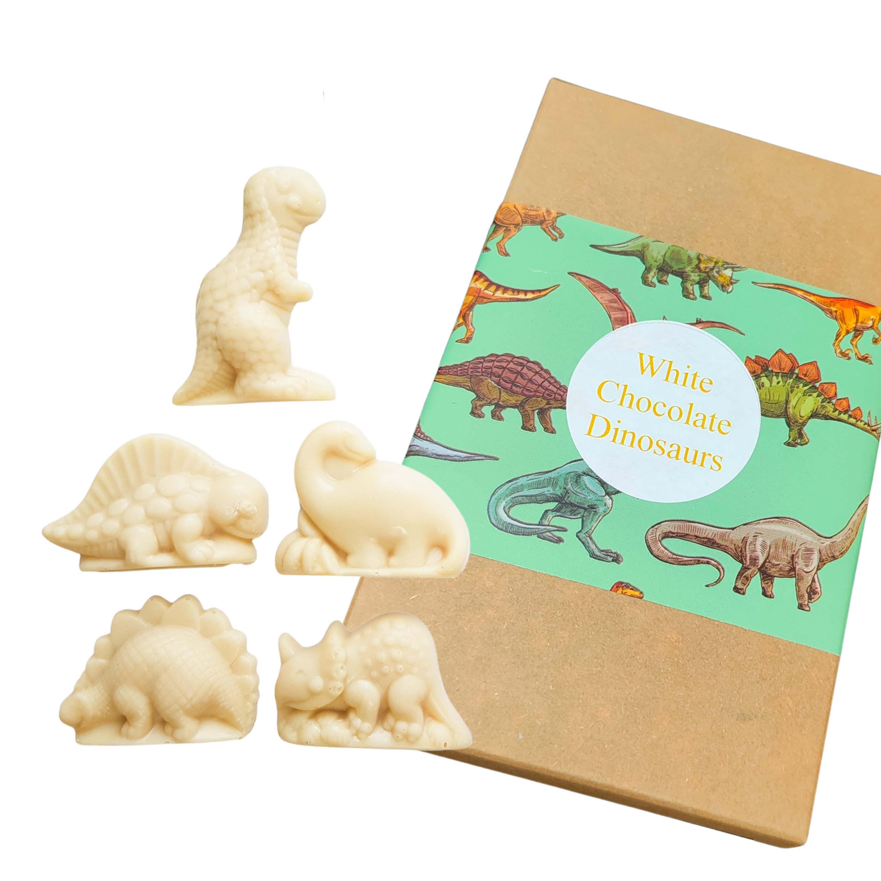 Image shows Fetcha Chocolates handmade solid white chocoloate 3D dinosaurs in a pack of five with box. They are vegan, dairy free, gluten free and soy free and come in plastic-free packaging. 